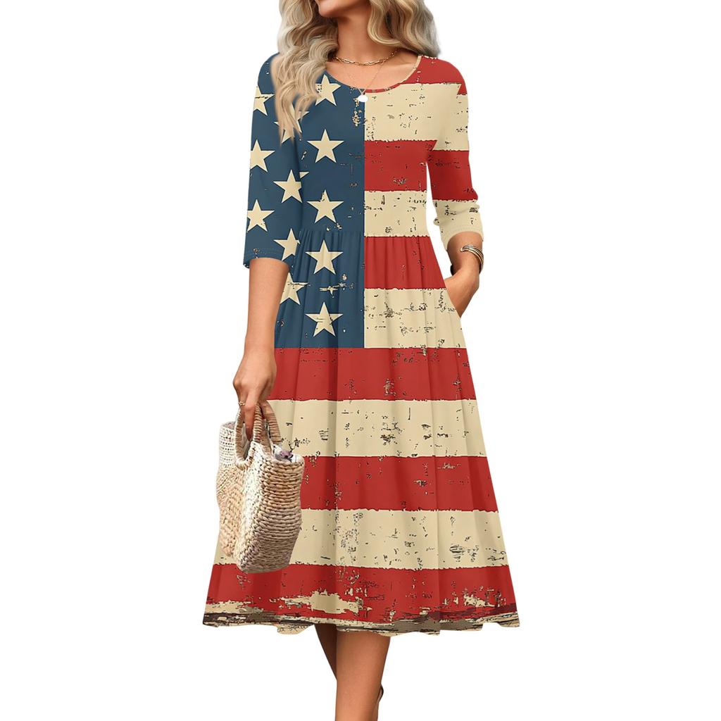 Women Casual Round Neck Three Quarter Sleeve Waist Cinched Independence Day Dress Spring Autumn Midi Length Star Print