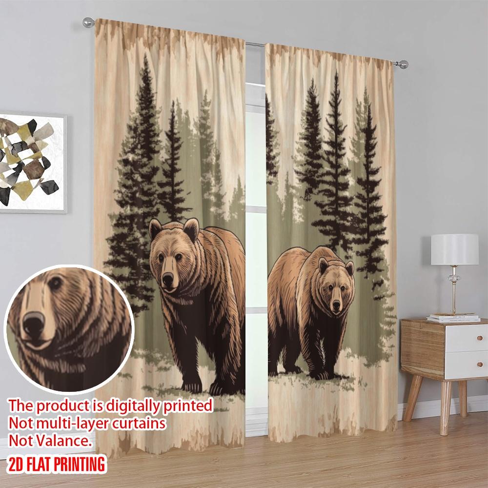 2pcs,2D Plane Printing Contemporary Curtains Forest Bears Duo 100% Polyester (without Rod) Gifts for Living Room, Bedroom, and