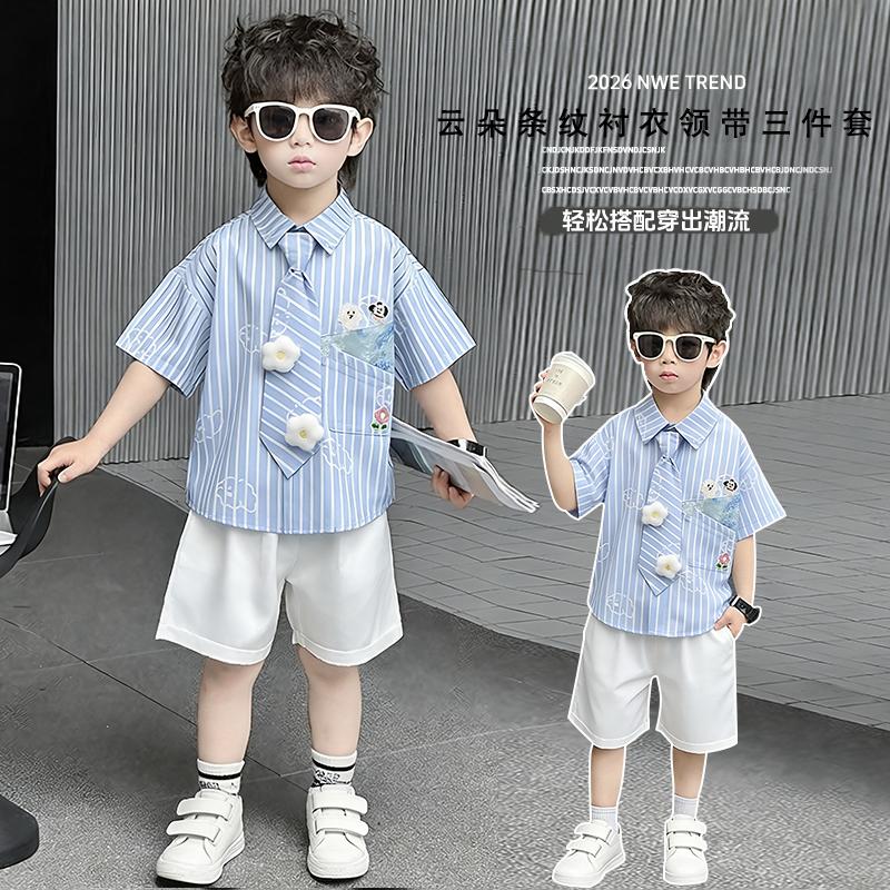 Children's Summer Short sleeved Shirt 2026, Boys' Blue Thin Shirt Set, Baby Boys' Summer Clothing, Children's Clothing Trend