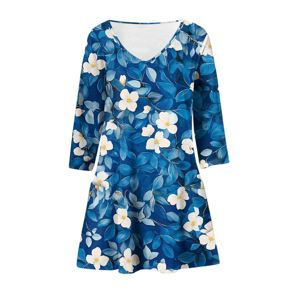Women's Fashionable Casual V-Neck Floral Print Pocket Seven Quarter Sleeve Dress