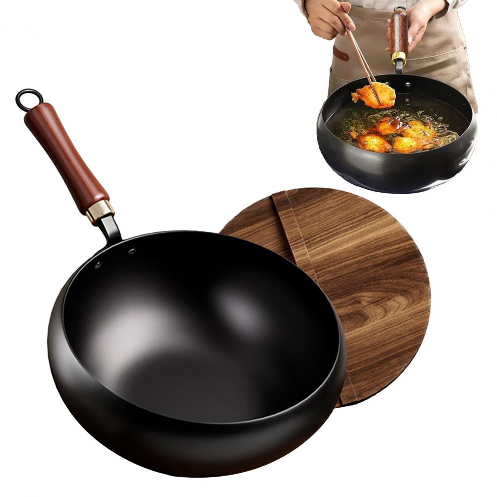 Induction Cooker Cookware Durable Forged Iron Wok with Nonstick Coating Wooden Lid for Even Heating on Gas Stove or for Easy