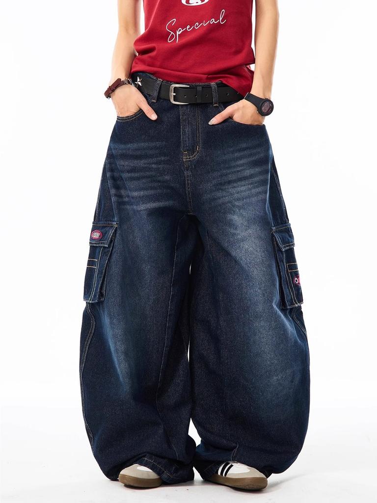 American retro cat whisker washed scimitar jeans women's trendy brand loose multi-pocket tooling wide-leg pants trendy and versatile