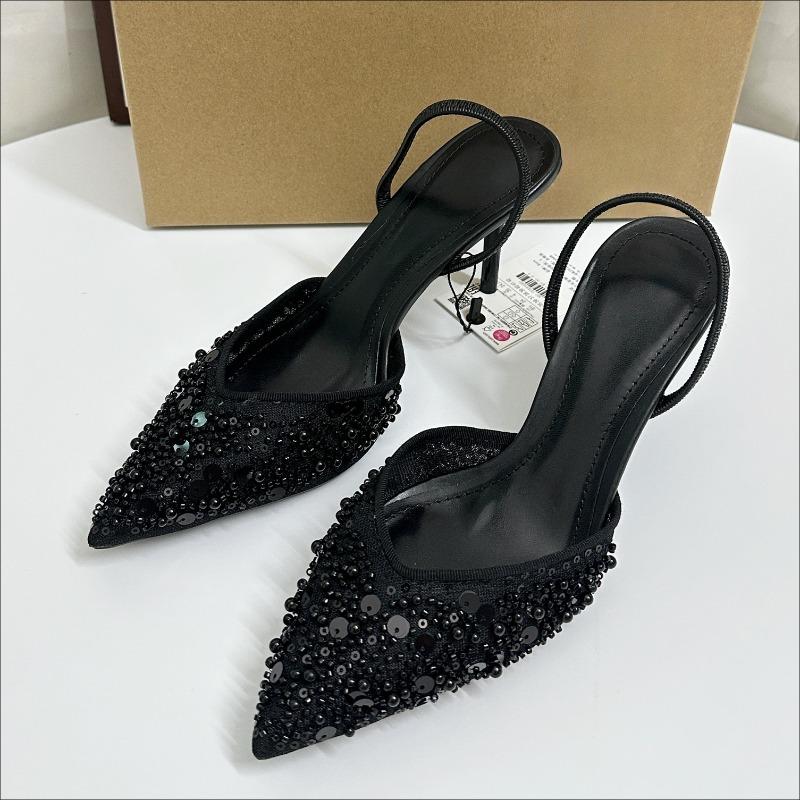 

Мода Элегантная Вечеринка Туфли на Высоком Каблуке Женская Обувь Блестящие Пайетки Бисер Сетка Дизайн Бренда 2025 Лето Шпилька Офисная Леди Роскошные Сандалии 42