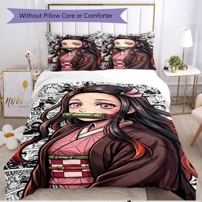 3pcs Duvet Cover Set (1*Duvet Cover + 2*Pillowcase, Without Core), Demon Slayer Print Soft All‑Season Bedding Set, Home Bedroom Decor Gift