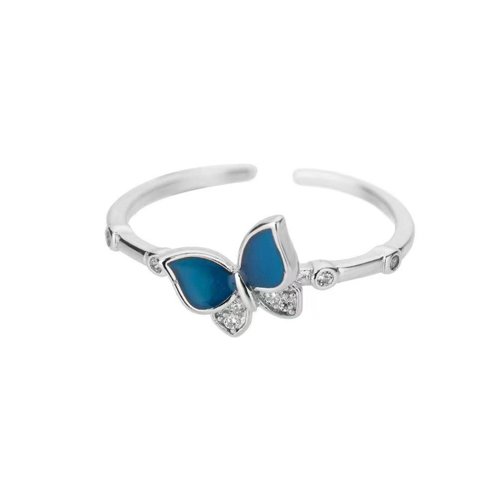 925 Silve Blue Dropwise Glaze Ring for Women Girl Gift Zircon Butterfly Sweet Romantic Jewelry