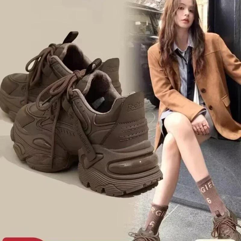 Scarpe da Tennis da Donna con Suola Spessa Casual con Lacci Zeppa Scarpe da Papà Moda Outdoor Sport Mantieni Caldo Fodera in Velluto Opzionale Sneaker