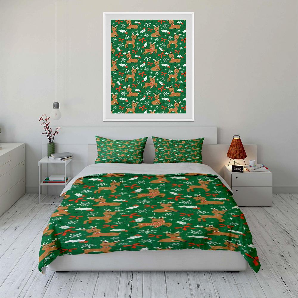 Merry Christmas Festive Print Bedding Set (1 Duvet Cover, 2 Pillowcases, Duvet Not Included)