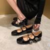 Fashion Women Double Buckle  Janes Shoes 2025 Spring New Patent Leather Dress High Heels Square Heel Thick Heel Diamond Single Shoes