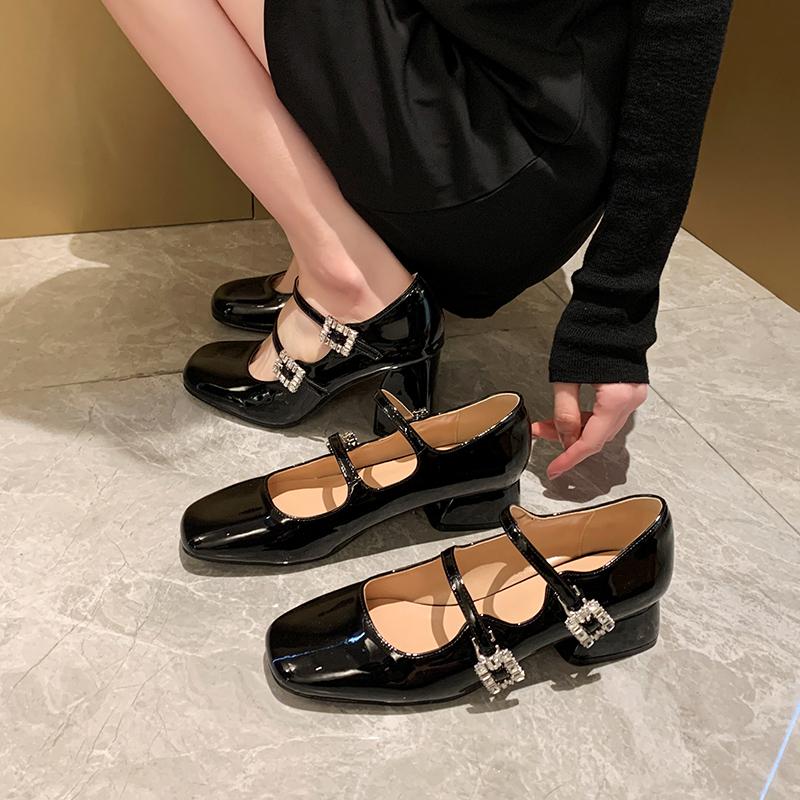 Fashion Women Double Buckle  Janes Shoes 2025 Spring New Patent Leather Dress High Heels Square Heel Thick Heel Diamond Single Shoes