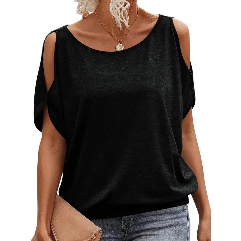 2025 Spring Summer Sexy Off-the-shoulder Short Sleeved Women Blouse Crew Neck Loose T-shirt Casual Simple Basic Solid Color Office Women Top Shirts