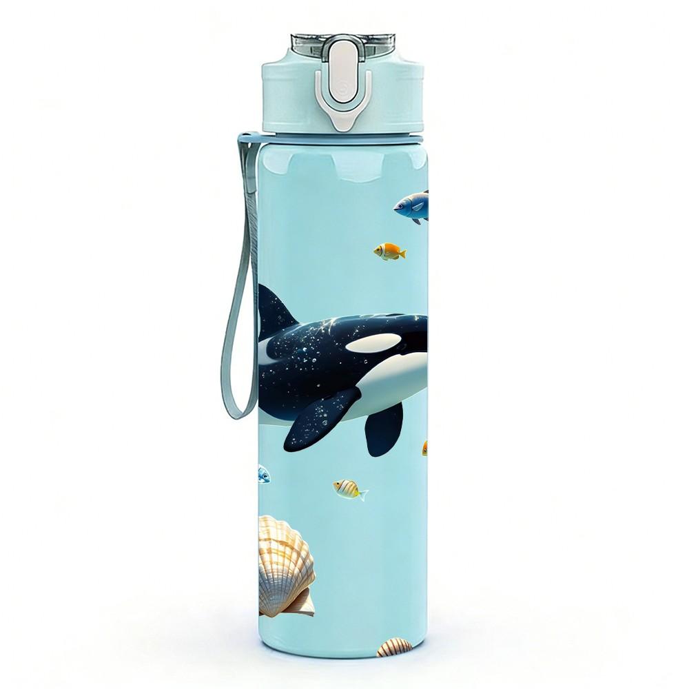 1PC Orca Killer Whale Ocean Animal Print 750ml Color Plastic Sports Water Bottle Leakproof Flip Straw Lid Suitable for Sports Office Home Use