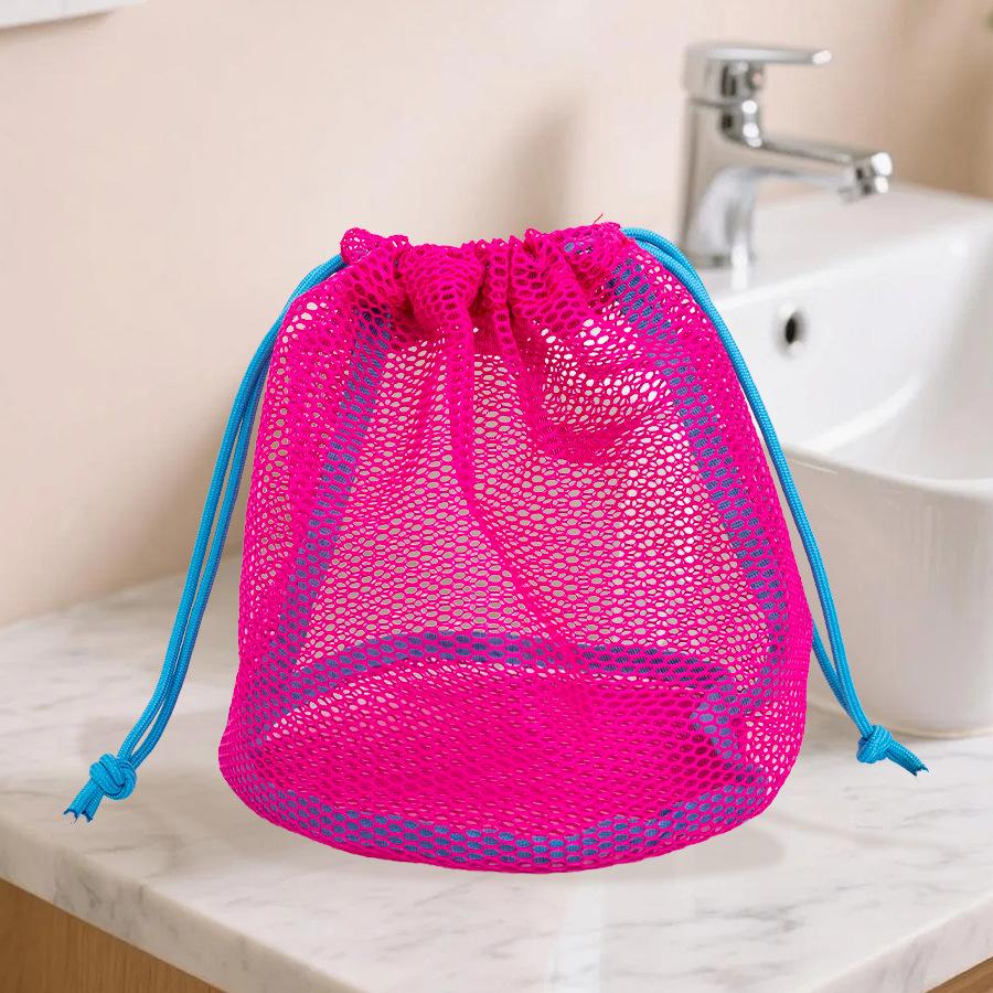 Drawstring Mesh Cosmetic Bag Toiletry Mesh Pouch Dopamine Color Grid Beach Bag, Handheld Toiletry Bag, Miscellaneous Storage Bag