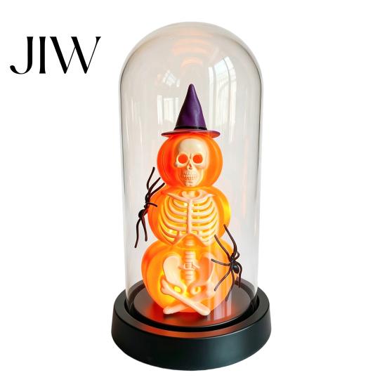 Creative Holiday Ornaments Halloween Pumpkin Skeleton Cloche Lamp, Lighted Stacking Skull In Clear Haunted House Decorations Dome with Witch