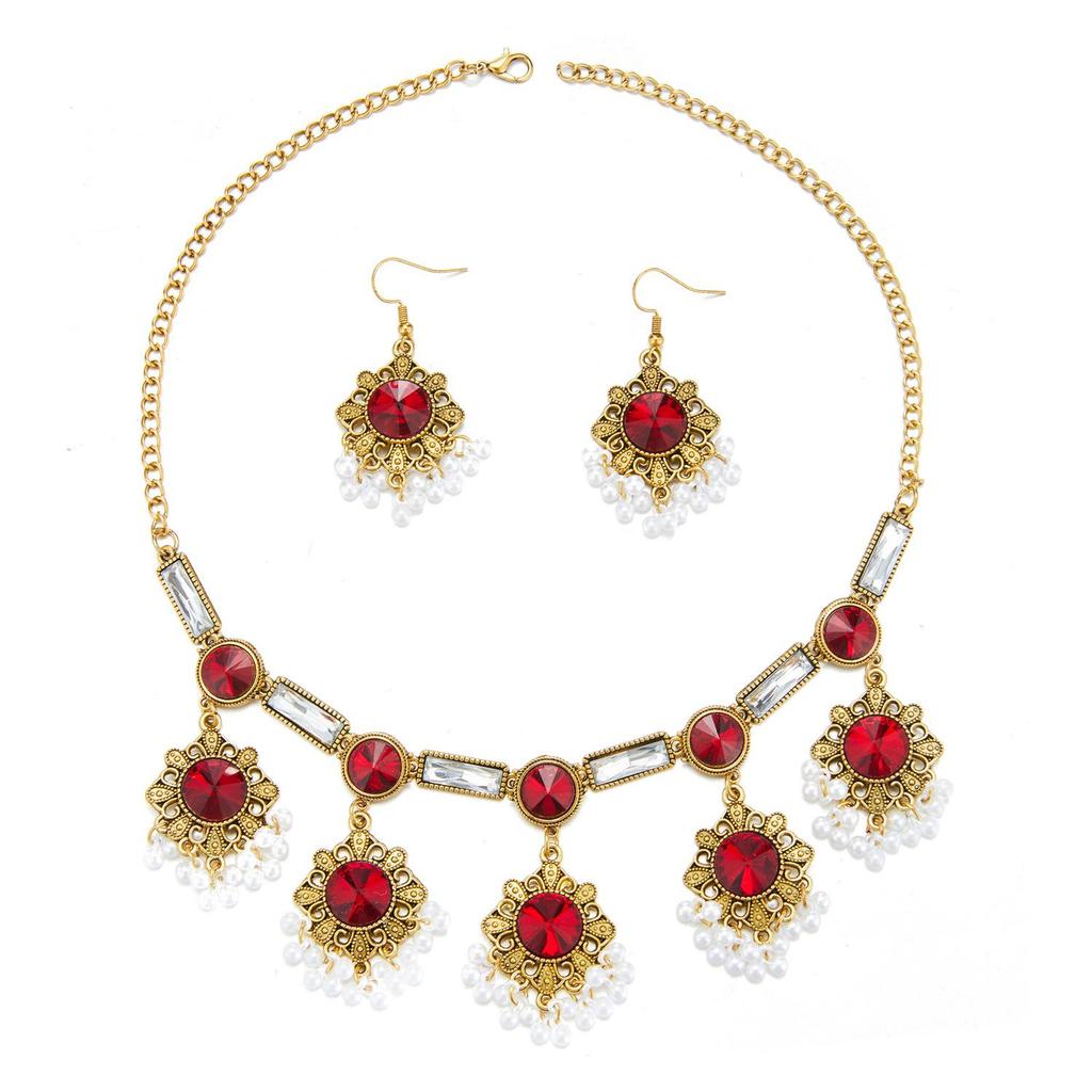 European & American Ethnic Geometric Gemstone Jewelry Set: Necklace & Earrings