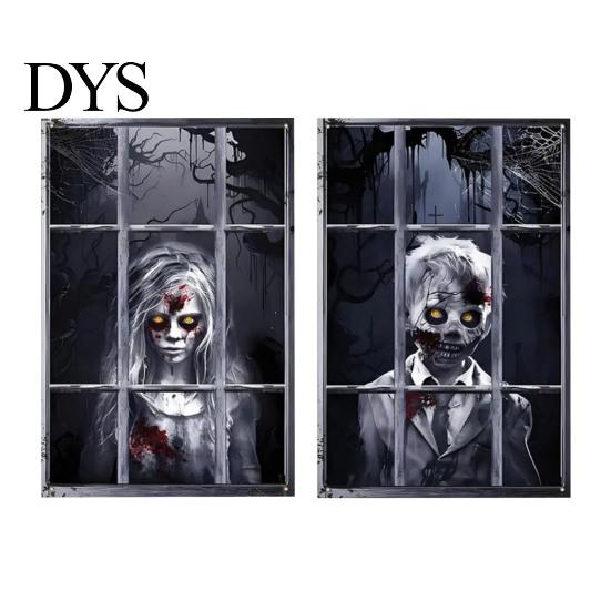 Festive Scene Layout 2Pcs Halloween Horror Window Clings, 80x120cm Spooky Ghost Skeleton Decorative Balcony Stickers Decal for Glass, Haunted