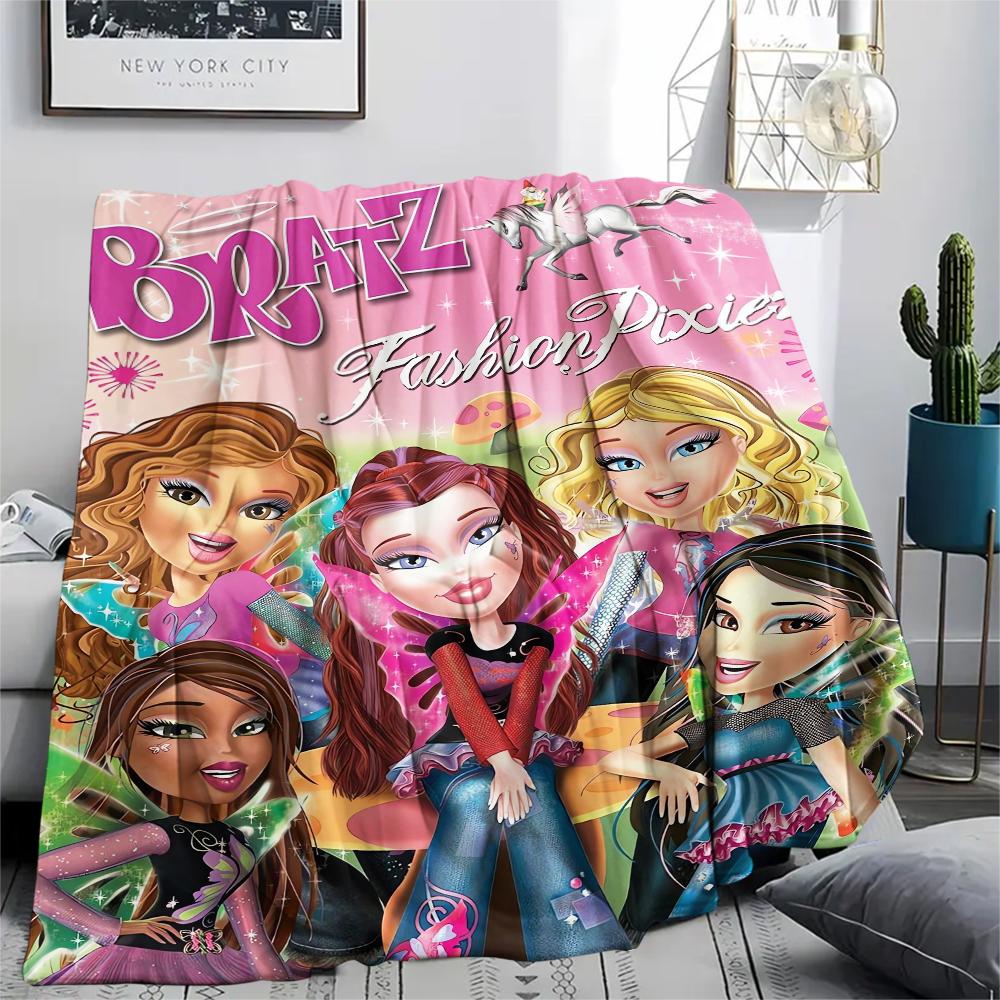 1Pc Bratz Doll Print Flannel Blanket, High quality Comfortable for All Seasons, Home Decor, Warmth and Comfort, Perfect for Gifts