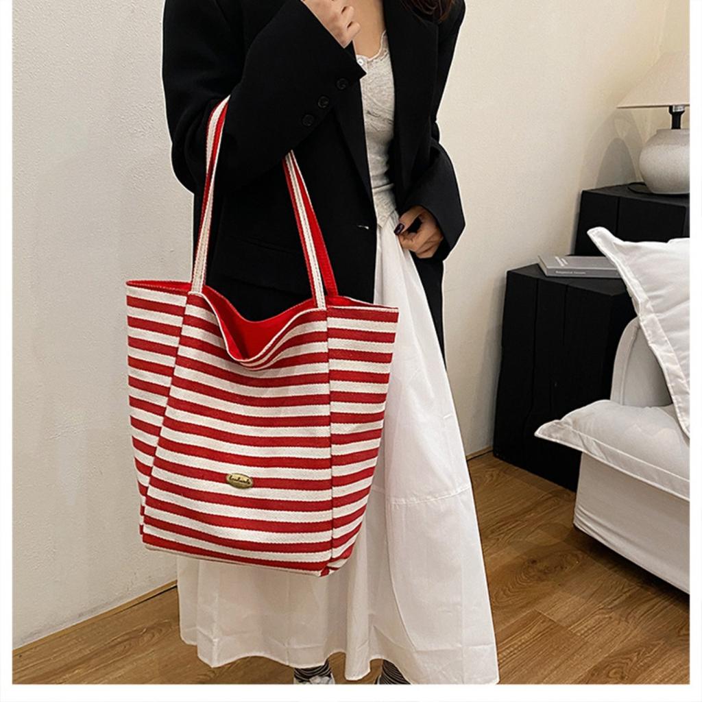 Striped Canvas Double-sided Usable Bag, Tote Bag, Casual Shoulder Bag, Large Capacity Shopping Bag