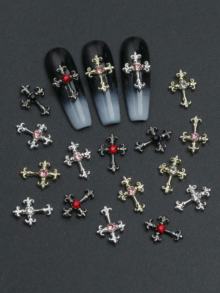 60pcsY2K Gold Silver Black Cross Nail Decorations Set With Rhinestones Alloy Nail Art Charm Accessories For Manicure DIY Styling