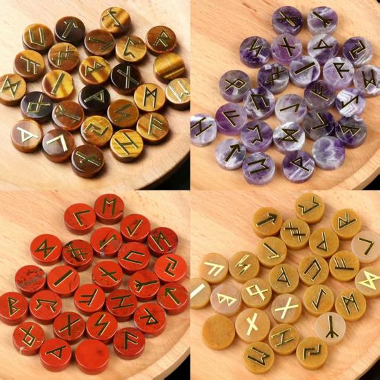 25Pcs Faux Crystal Agate Rune Stone Set Alphabet Rune Round Set Nordic Germanic Language Stone for Witchcraft Fortune-Telling