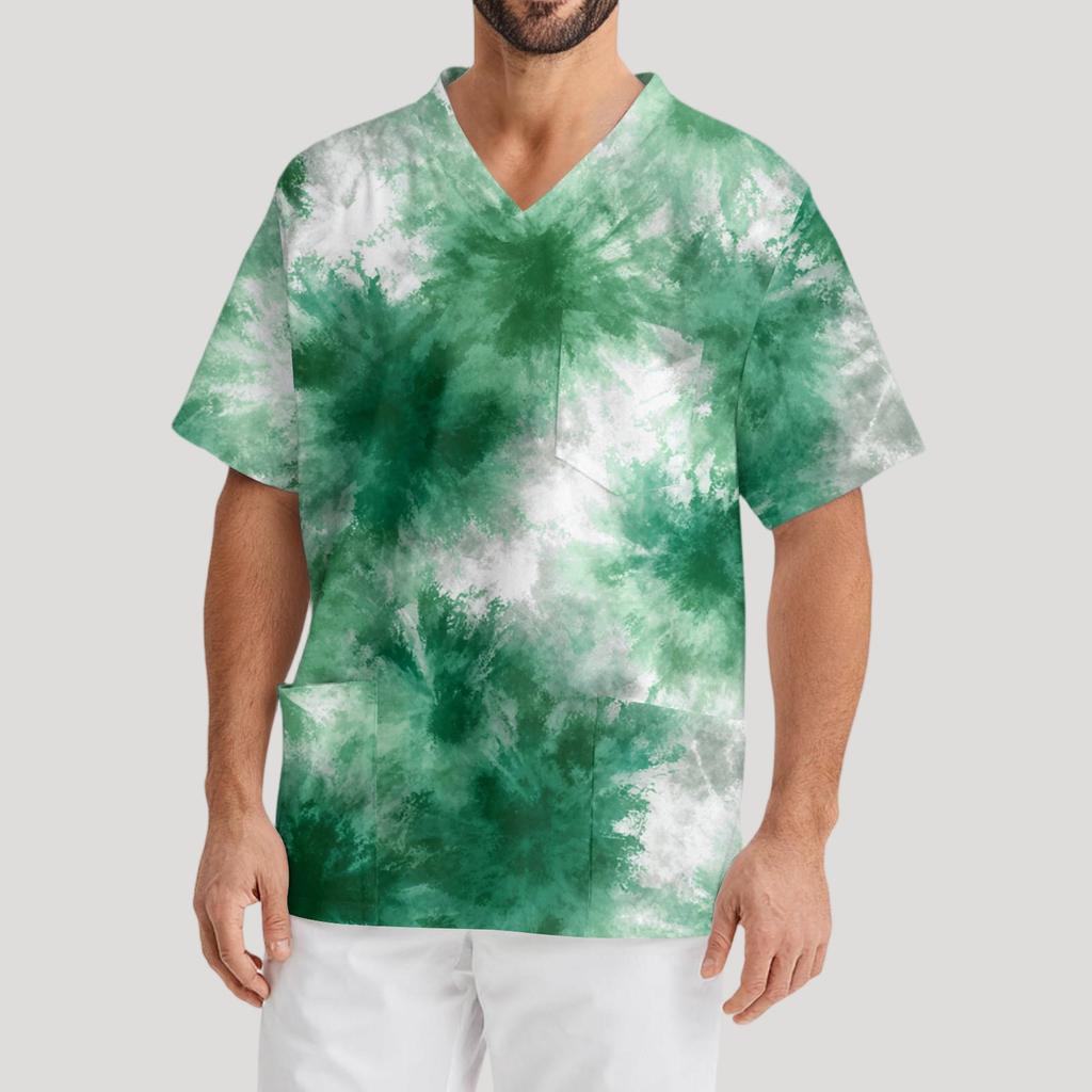 Men's Printing Short Sleeve V-neck Working Blouse Chest Pocket Carer Top