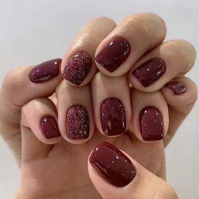 24pcs Short Burgundy Glitter Press-on Nails Set, Full Cover Fake Nail Tips With Jelly Adhesive & Nail File, Perfect For Women
