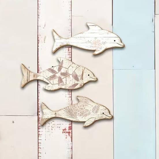 3Pcs/Set Wooden Dolphin Wall Decoration, Flowers Leaves Pattern Fish Wall Art for Beach, Lake House, Nautical Coastal Ocean Theme Hanging Ornament