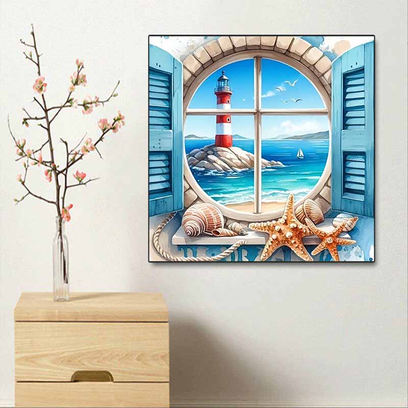 New Arrival 5D DIY Full Circle Diamond Painting "Window Seaside" Embroidery Cross Stitch Home Decor Gift