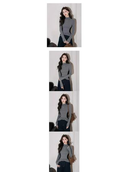 Damen Schlankmachendes Colorblock Langarm-T-Shirt - Halber Stehkragen, Innenlage, Herbst/Winter Trend