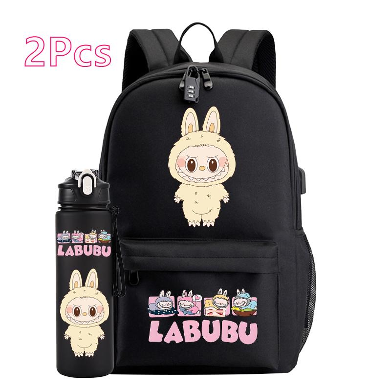 2Pcs/set Cute Canvas Printed Backpack Water Bottle Boy Girl Teen Student Schoolbag Backpack Women Anti-Theft Laptop Travel Bag