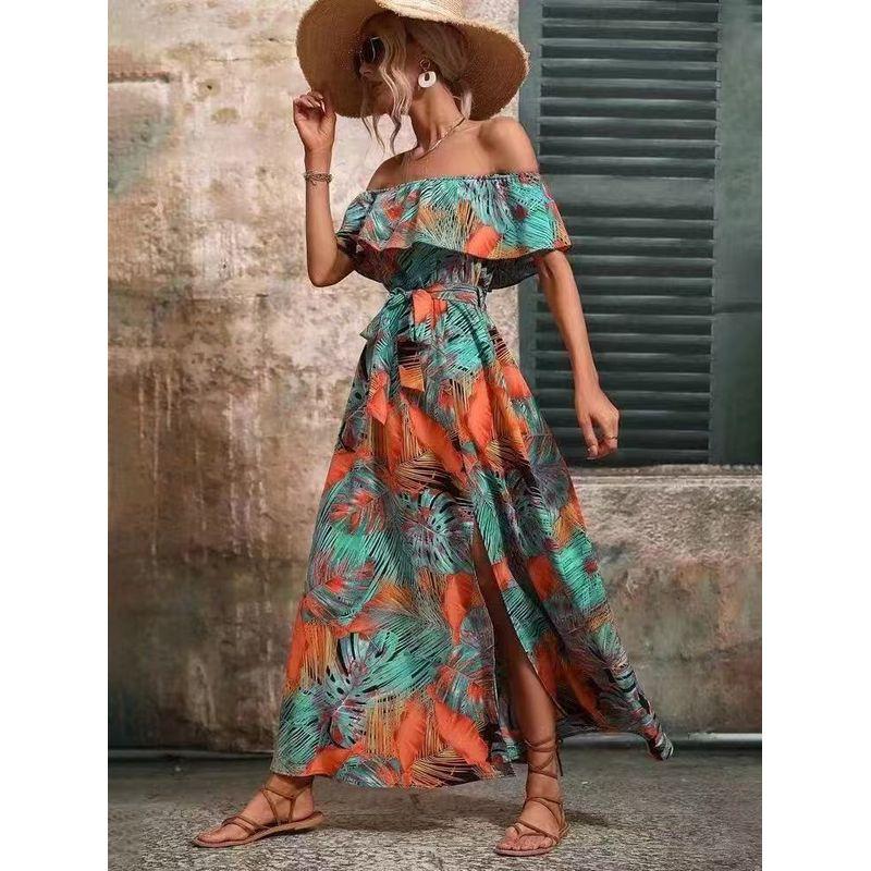 

Cross-Border Foreign Trade Amazon Independent Station Fashion 2024 Summer Boat Neck Ruffled Tied Waist-Tight Dress Women Orange XL