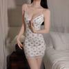 Large size nightdress fresh small floral lace splicing small chest pure desire wind suspender chest pad hip wrap sexy short skirt