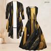 Women Plus Size Two Piece Set Black Gold Geometric Printed Sleeveless Round Neck Tie Waist Flared Dress Three Quarter Sleeve Open Front Cardigan