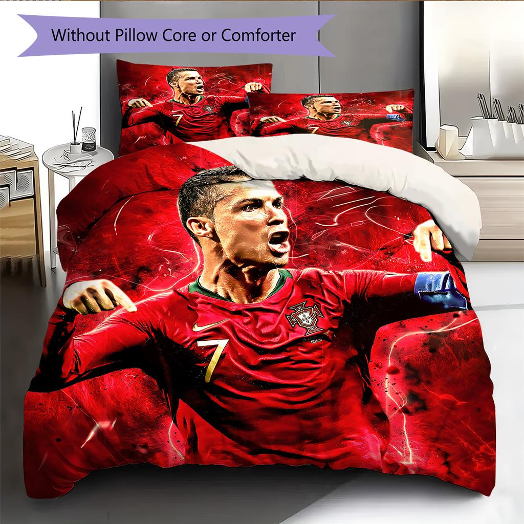 Football Ronaldo Pattern Bedding Home Decoration Birthday Gift (1 * duvet cover + 2 * pillowcase, without core)