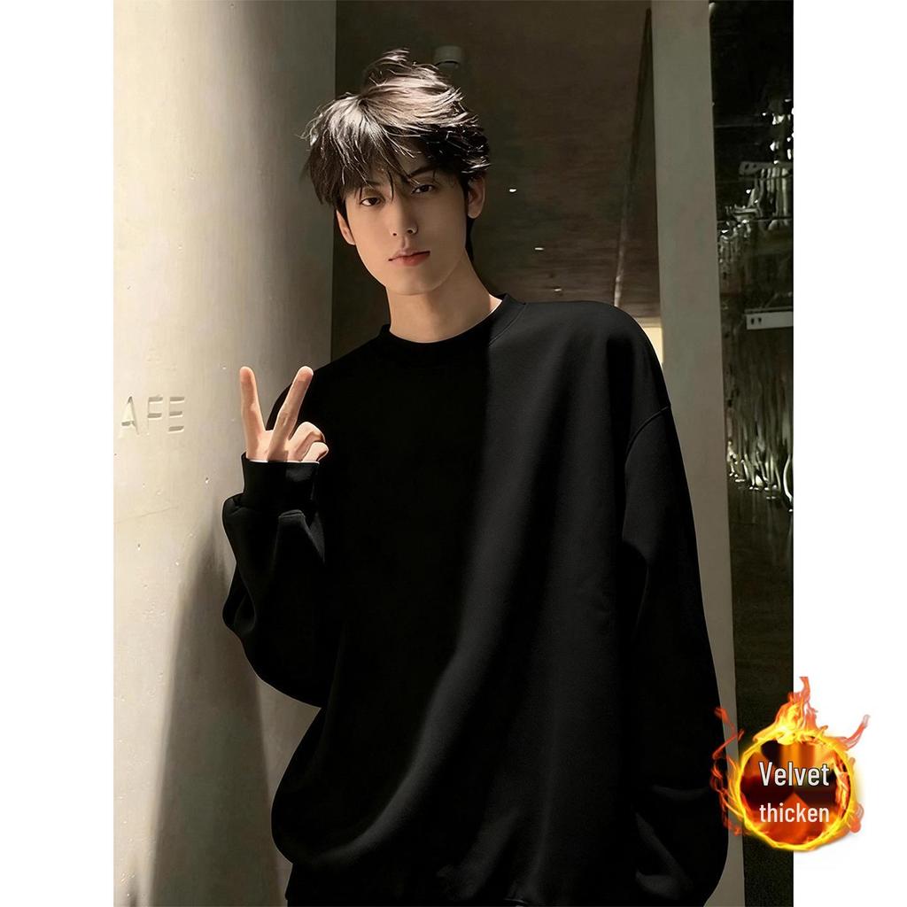 Men's Heavyweight White-Gray Fleece Hoodie: Autumn/Winter Loose Fit, Round Neck Long-Sleeve Pullover