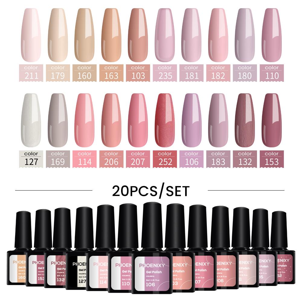 

PHOENIXY, 20 цветов, набор гель-лаков для ногтей, набор гель-лаков для замачивания, маникюр, полупостоянные гибридные лаки, основа и верхний дизайн ногтей 20PCS