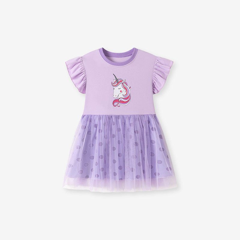 Little Maven Summer Short-Sleeved Girls' Dress, Cute Cartoon Mesh Children's Dress, European and American Style Princess Dress