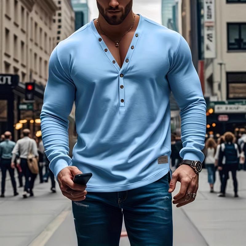 Men's Long Sleeve Henley Top Button Placket V-Neck Slim Fit Casual Daily Shirt