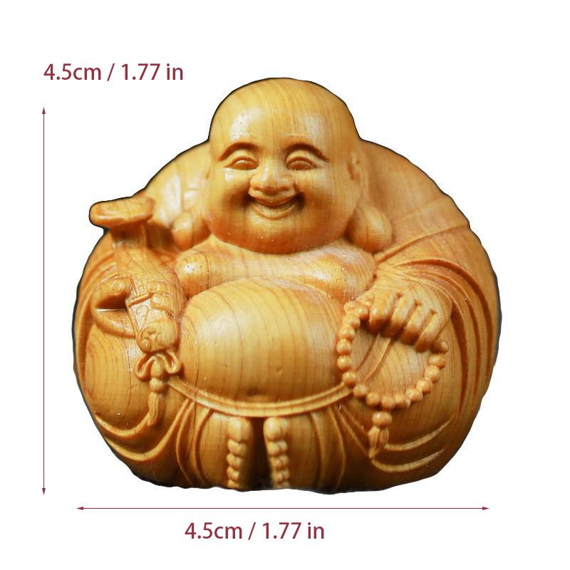 Natural Solid Wood Carving Laughing Buddha, Figure Statue Chinese God of Wealth Cute Home Room Office Car Decoration Figurine
