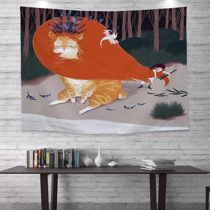 Cartoon Illustration Cat Print Hanging Cloth Home Wall Decoration Tapestry Bedroom Living Room Tapestry