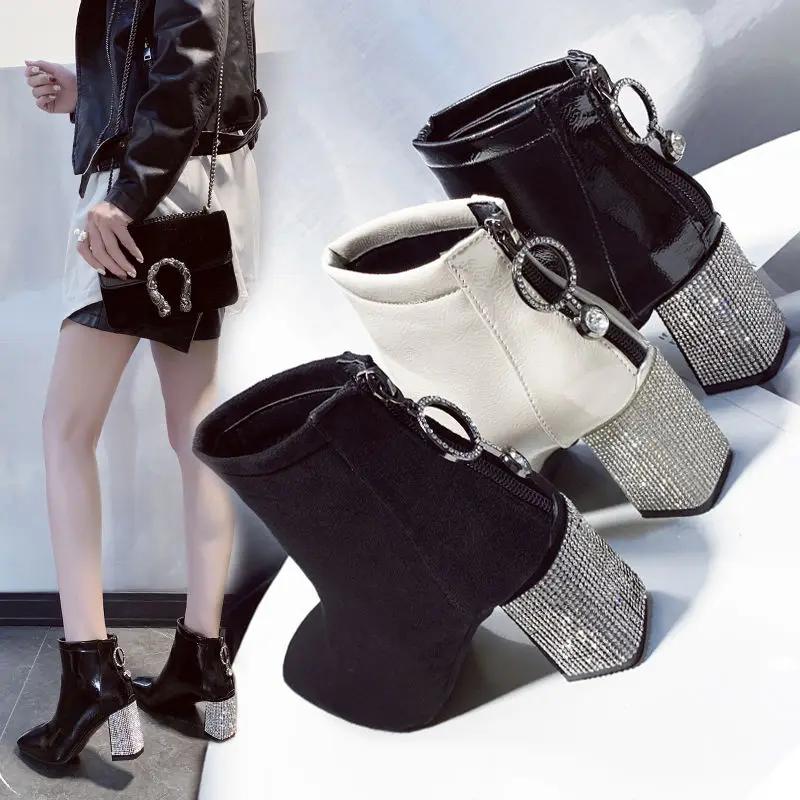 Square Toe Short Boots Woman 2025 Fall/Winter Shoes Women High Heeled Boots Rhinestone Chunky Heel Female Booties Large Size