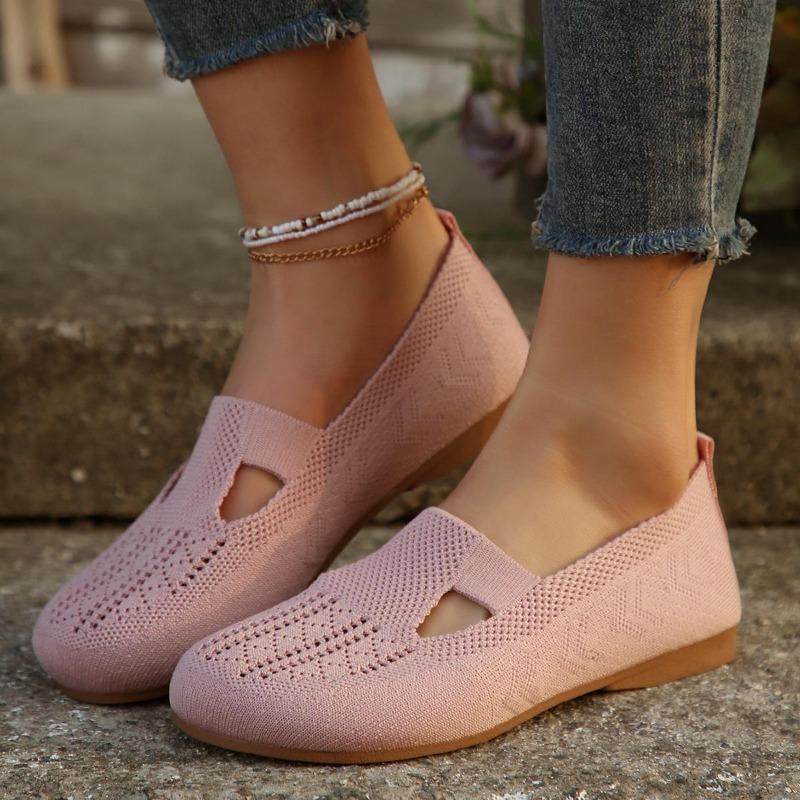 Women Stylish Soft Knitted Flat Shoes Round Toe Hollow Out Design Breathable Lightweight Comfortable Slip on Walking Shoes