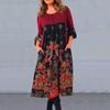 Herbst Frühling Damen Kleid Retro Ethno-Druck A-Linie Big Swing Langarm Rundhalsausschnitt Hohe Taille Lose Taschen Plissee Mittelkalblanges Damen-Midikleid
