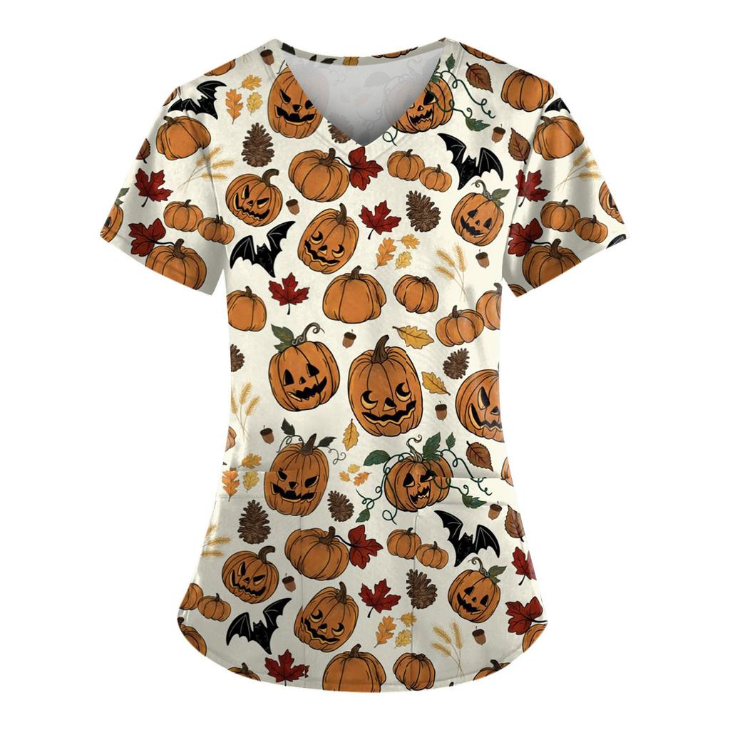 Women's Fashion Halloween Printed Short Sleeve V-neck Tops Working Pocket Blouse