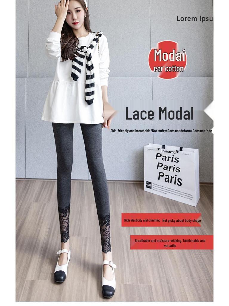 Damen Modal Leggings mit elastischer Spitzeneinfassung – Tragbar im Freien im Herbst und Frühling, dünn und dennoch warm.