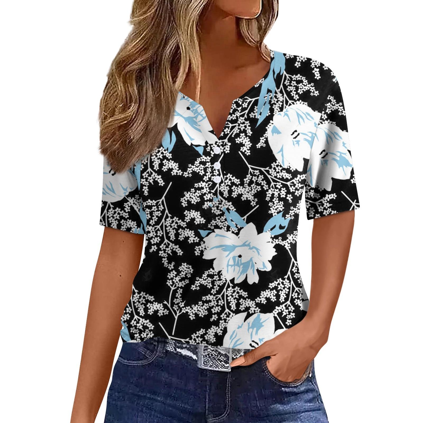 

Жіноча модна повсякденна футболка з градієнтним квітковим принтом і V-подібним вирізом, з короткими рукавами та ґудзиками XXL