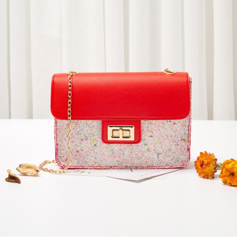 Spring and Summer Matte Sequin Lock Buckle Contrasting Color Chain Small Square Bag Single Shoulder Oblique Span Candy Color Women's Bag