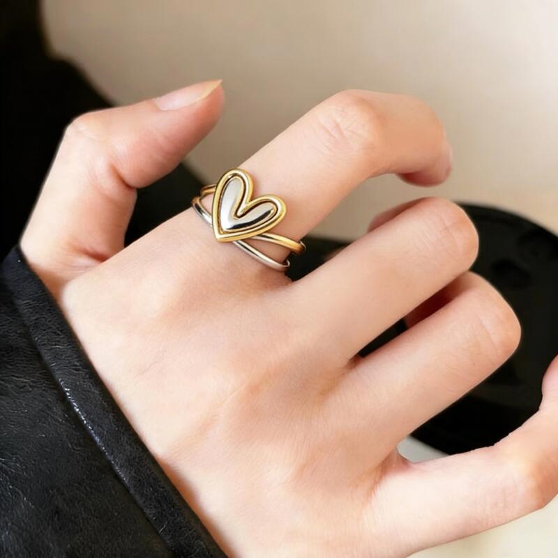 Heart Shaped Double-Layer Color Blocked Rings for Women Men Sweet Romantic Lovers Rings Set Engagement Jewelry Gifts Accessories