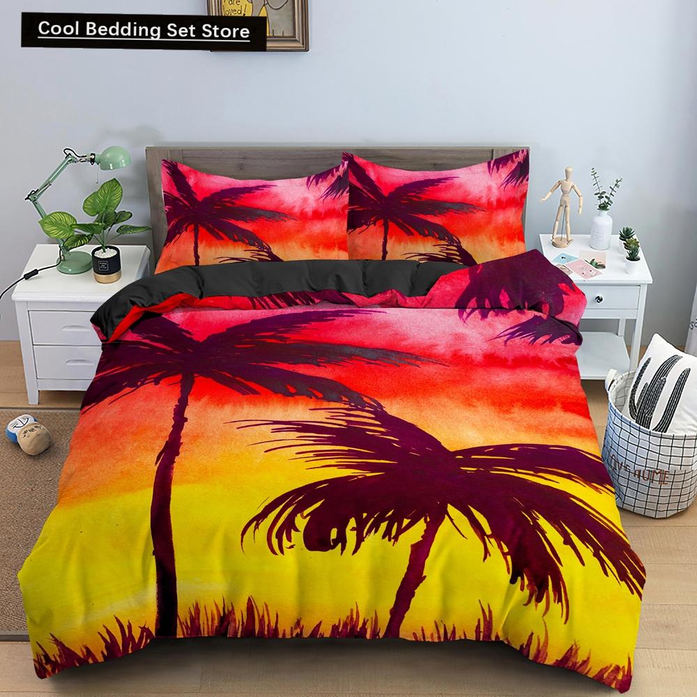 Tropical Coconut Palm Tree King Queen Duvet Cover Hawaii Seaside Sunset Bedding Set Sunrise Plant 2/3pcs Polyester Quilt Cover