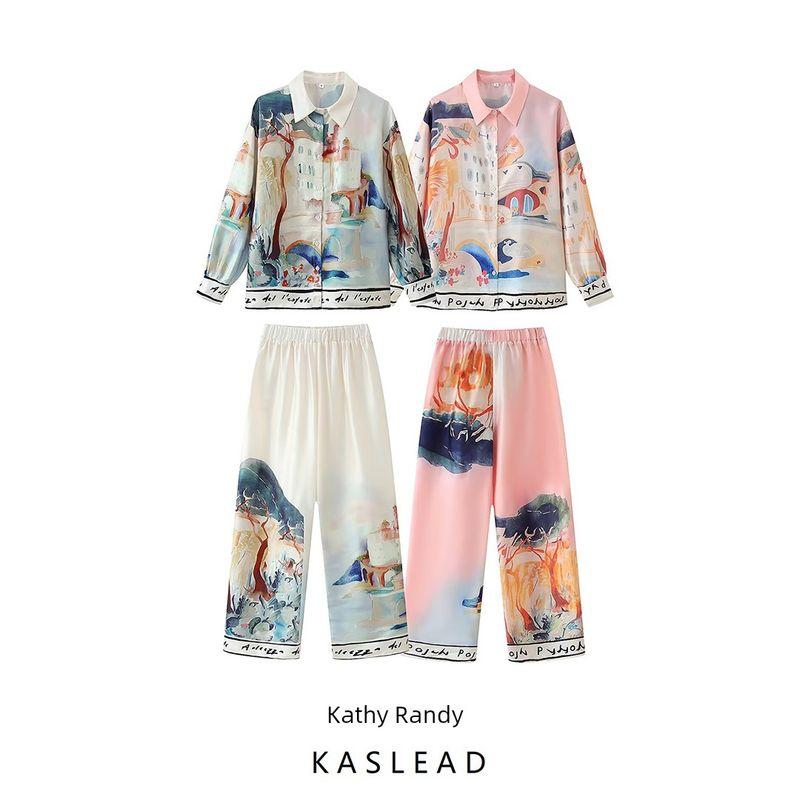 Kaslead New Women clothes Western Style Positioning Print Lapel Long sleeve Shirts Casual Trousers