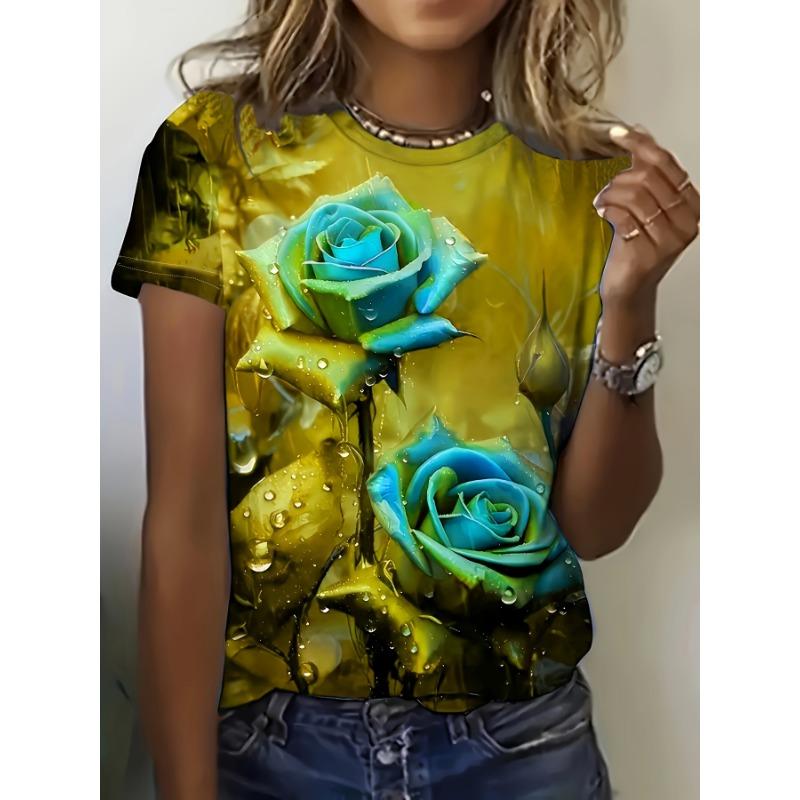 Türkis-Lila Damen-T-Shirt - Taufrische Rose Grafik, Lebendiges Florales Print-Design für Lässige Alltagsmode